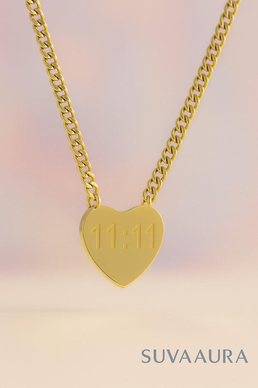 Minimalist Heart Pendant Necklace with 11:11 Angel Number Engraving – Suvaaura