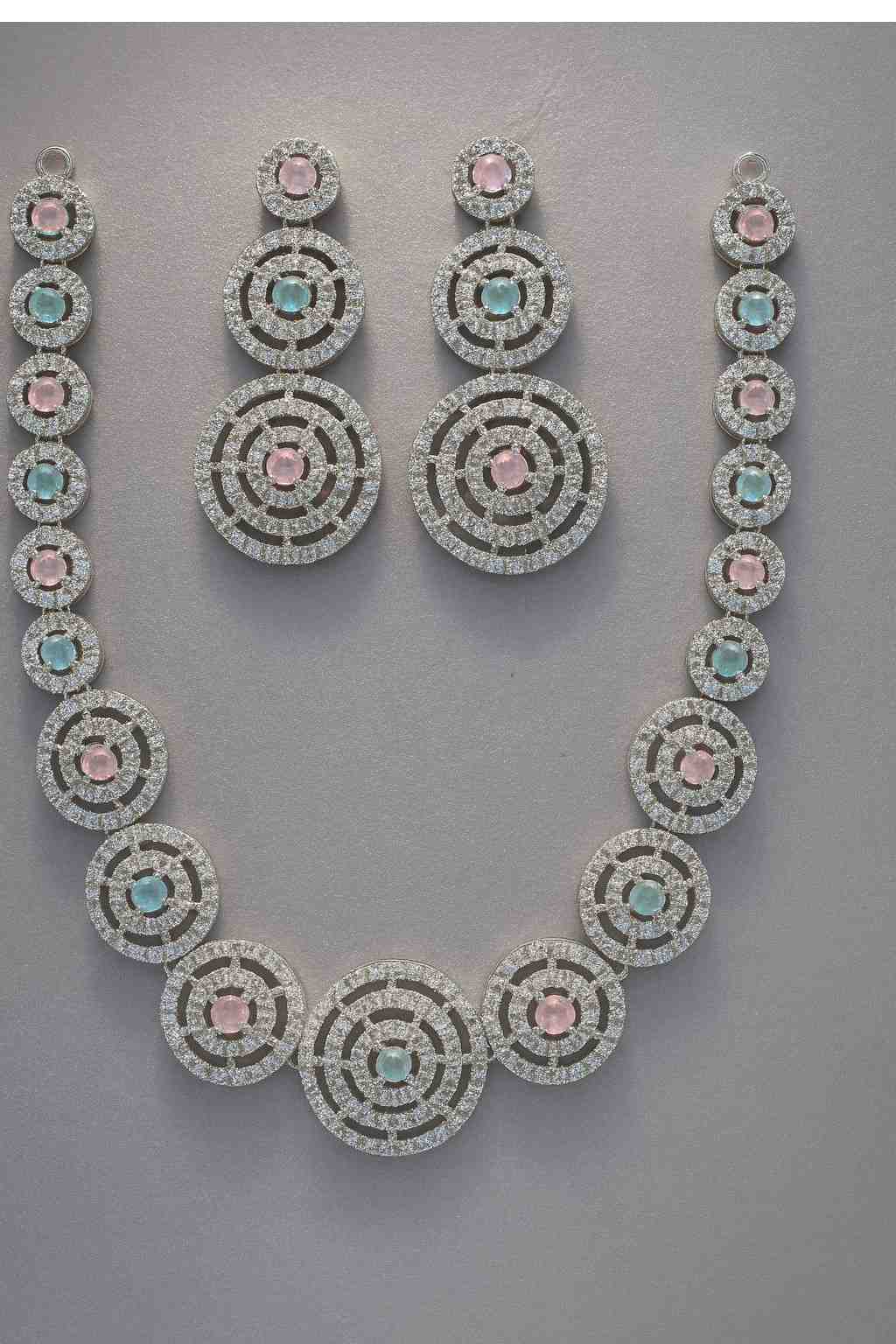 Luxury Dual-Tone Pink & Blue Circular Necklace Set with American Diamonds – Silver-Tone Finish