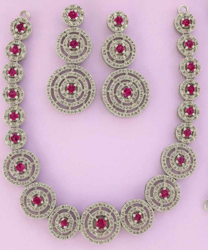Silver-tone American diamond necklace set with ruby red stones