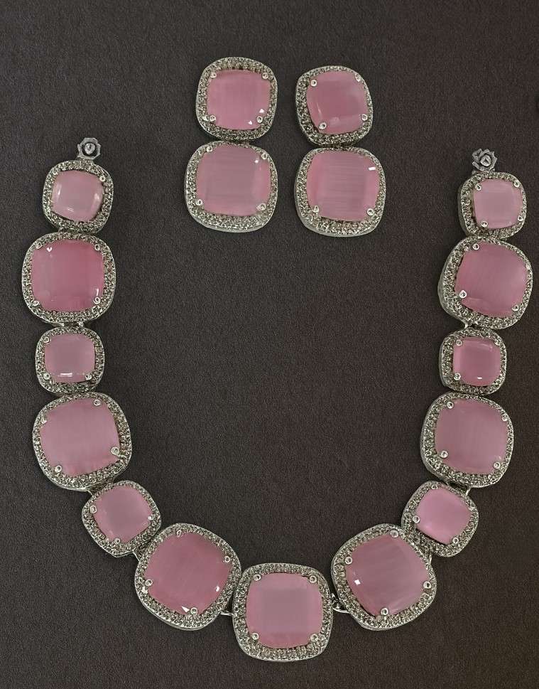 Premium Pink Cushion-Cut Stone Necklace & Earrings Set with Sparkling American Diamond Border – Bridal & Party Jewelry for Women