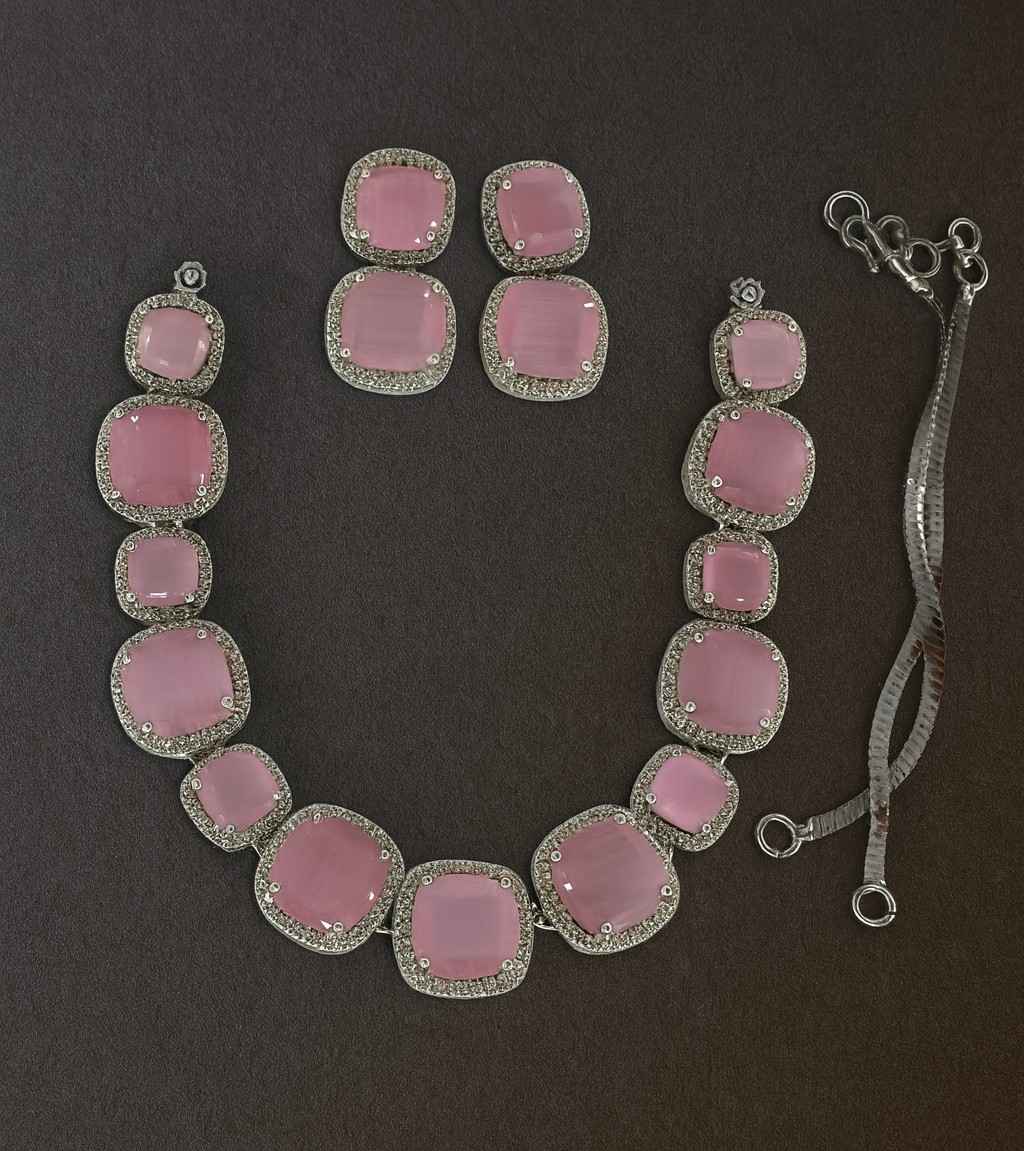 Premium Pink Cushion-Cut Stone Necklace & Earrings Set with Sparkling American Diamond Border – Bridal & Party Jewelry for Women with separate chain