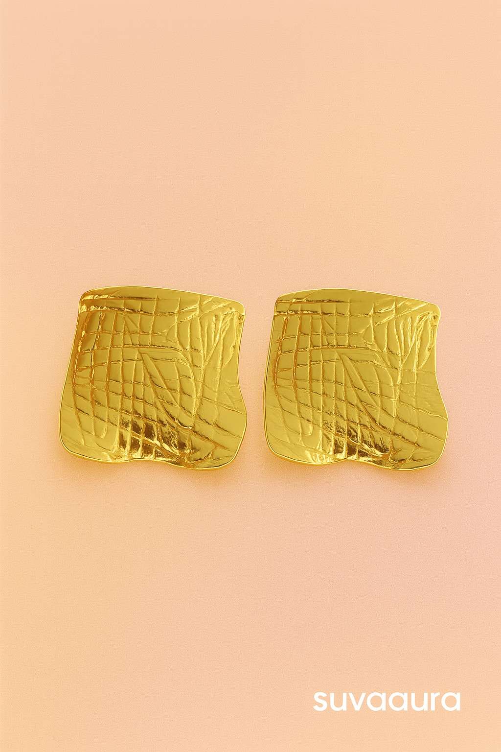 Textured gold stud earrings with abstract shape and croc-skin design – modern designer jewellery by Suvaaura