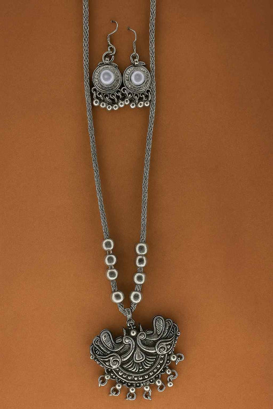 Oxidized Peacock Pendant Necklace Set with Earrings – Traditional Beaded Chain Jewelry