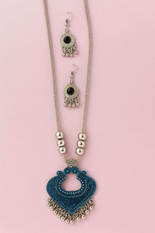 Antique Silver-Tone Blue Heart Pendant Necklace with Matching Earrings – Boho Tribal Jewelry Set