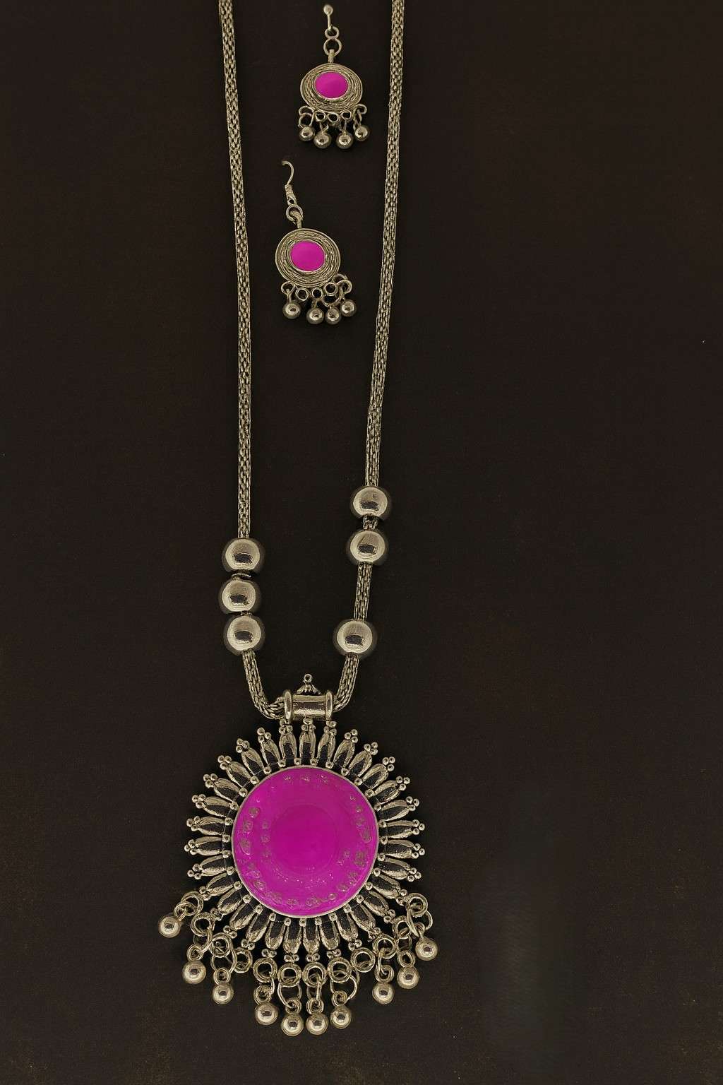 Oxidized Silver Pink Stone Pendant Set with Earrings – Front View
