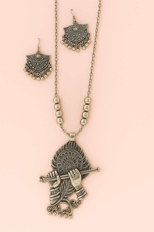 Oxidized Krishna Flute Pendant Necklace Set with Earrings – Antique Silver Tone