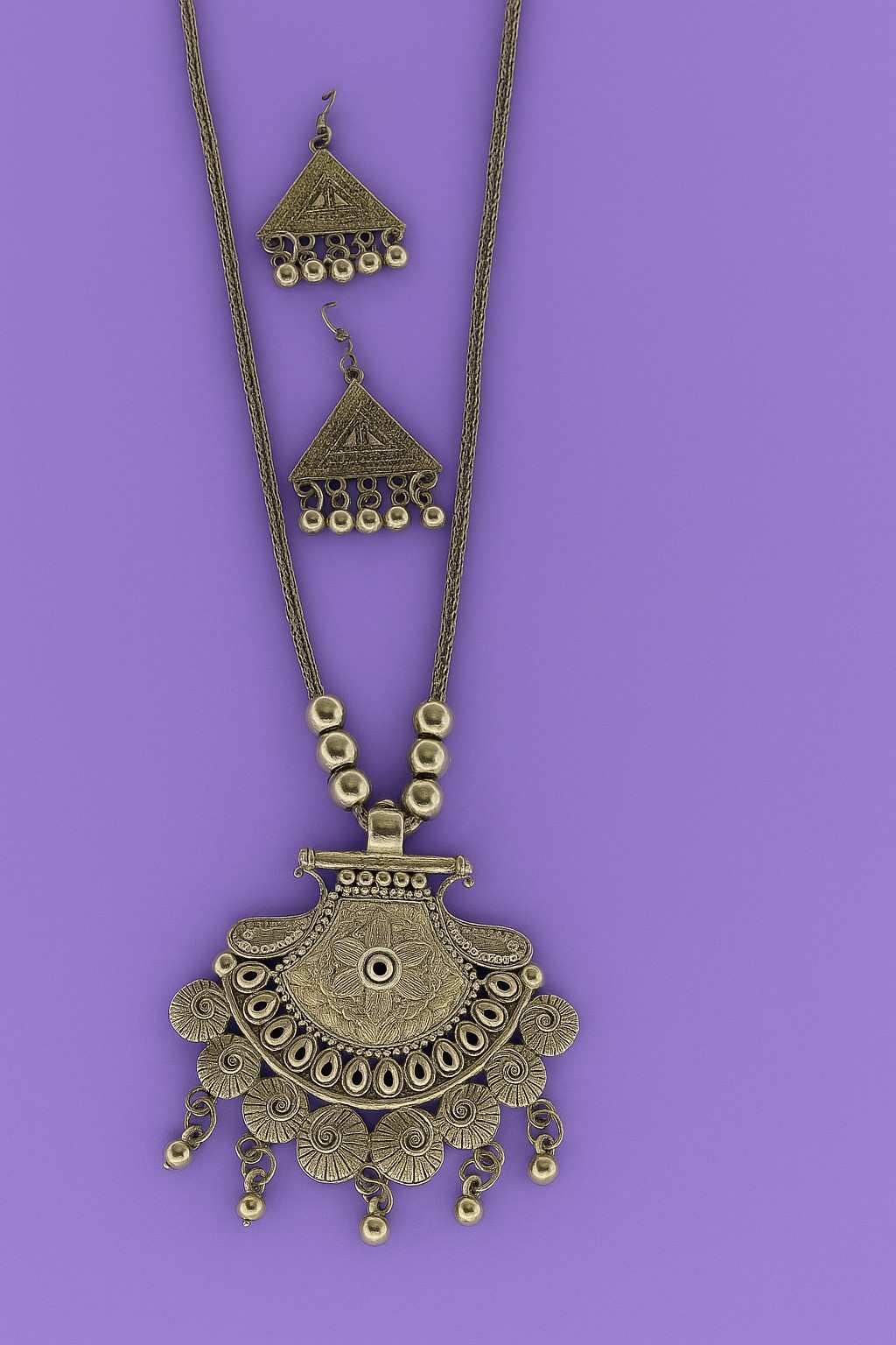 Bohemian Oxidized Silver Triangle Pendant Necklace Set for Women