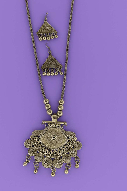 Bohemian Oxidized Silver Triangle Pendant Necklace Set for Women