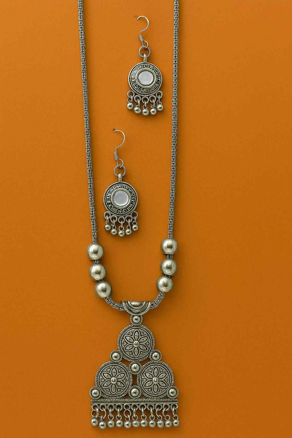 Vintage silver-tone long necklace set with round floral pendant and matching earrings – ethnic bohemian jewelry for women