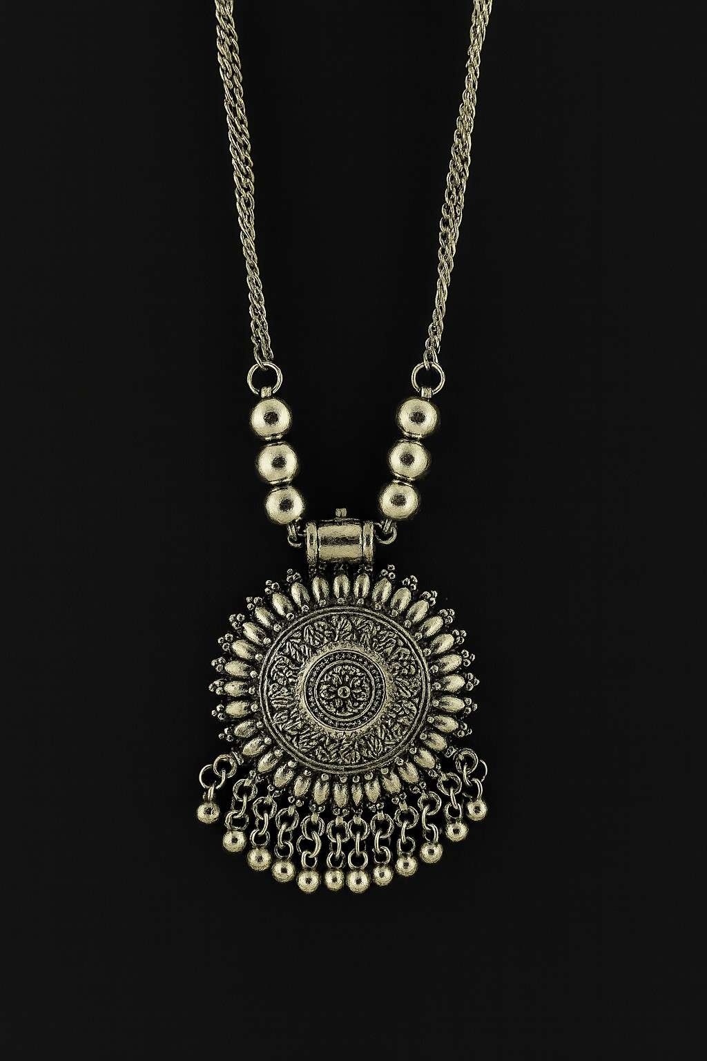 Vintage round floral pendant oxidized silver-tone necklace with dangling beads for women