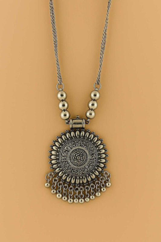 Vintage Round Floral Pendant Oxidized Necklace – Statement Jewelry for Women