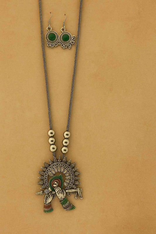 Oxidized Krishna Flute Pendant Necklace Set with Green Stone Earrings – Bohemian Tribal Jewelry