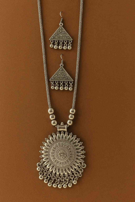 Oxidized Silver-Tone Sunburst Pendant Necklace Set with Triangle Jhumkas