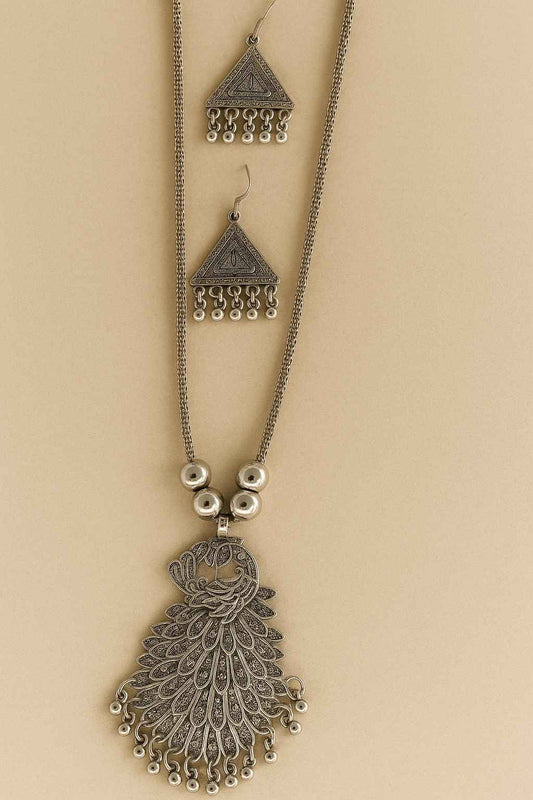 Antique Silver Peacock Design Necklace Set with Triangle Earrings – Ethnic Oxidized Jewelry