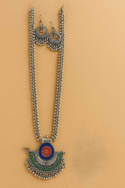 Tribal Oxidized Silver Long Necklace Set with Colorful Half-Moon Pendant & Earrings