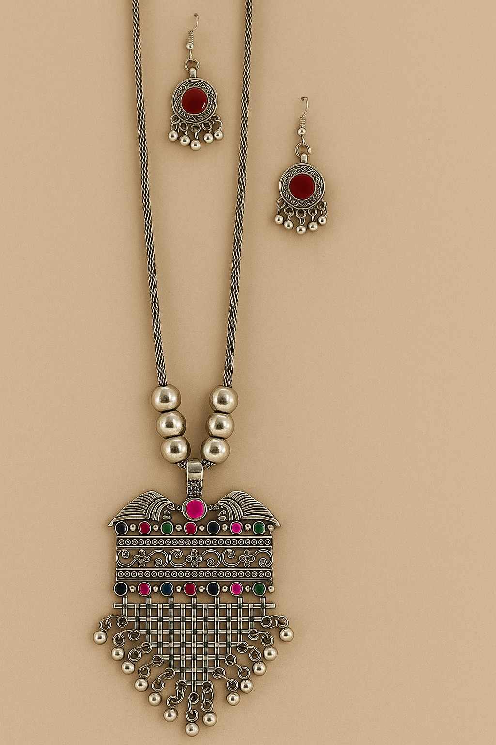 Vintage Silver-Tone Statement Necklace Set with Red Stone Earrings – Bohemian Ethnic Jewelry