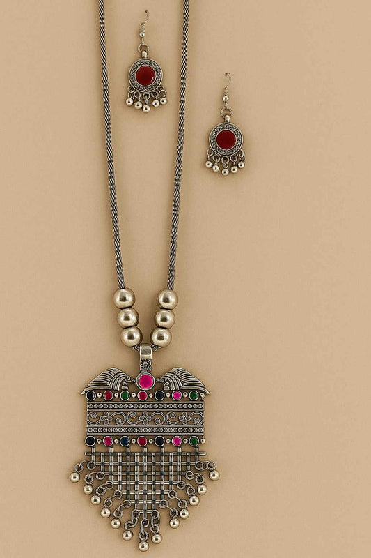 Vintage Silver-Tone Statement Necklace Set with Red Stone Earrings โ Bohemian Ethnic Jewelry