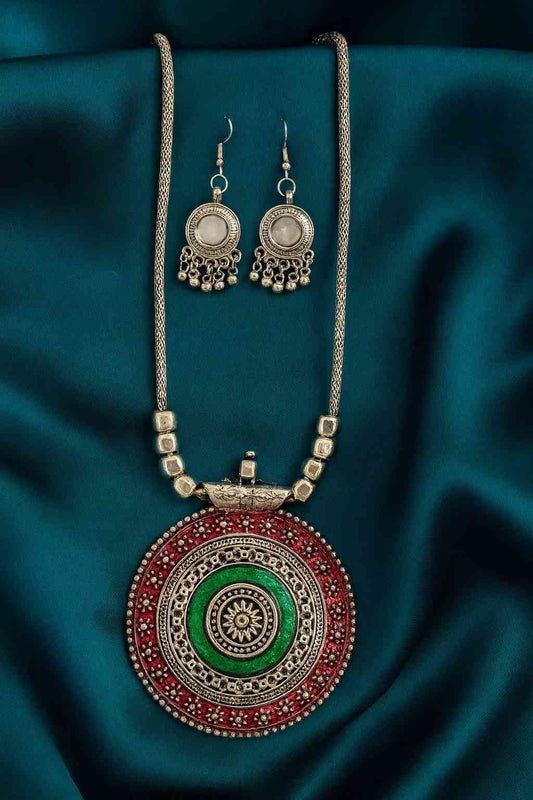 Antique Round Green & Red Statement Pendant Set with Earrings – Bohemian Tribal Jewelry