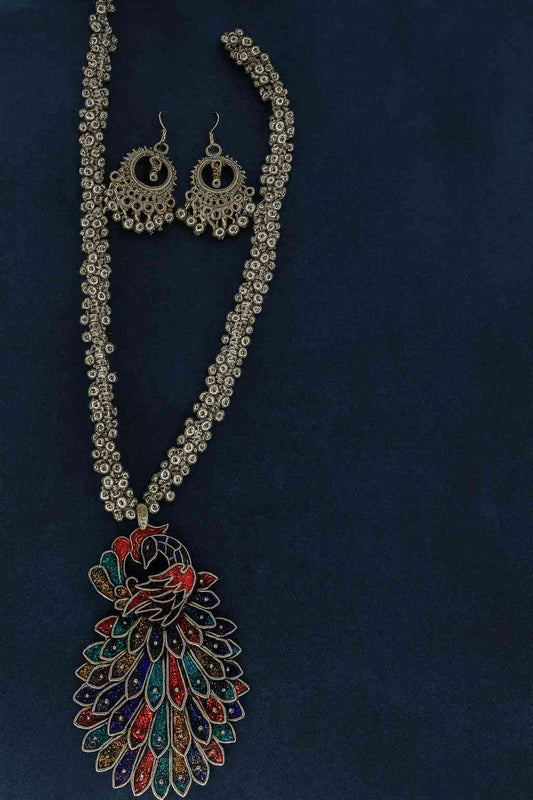 Multi-Color Peacock Pendant Necklace with Earrings – Traditional Boho Jewelry Set for Women