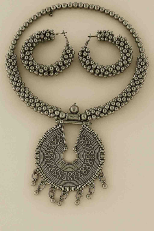 Oxidized Silver Beaded Choker Necklace Set with Antique Round Pendant & Hoop Earrings – Ethnic Jewellery for Women