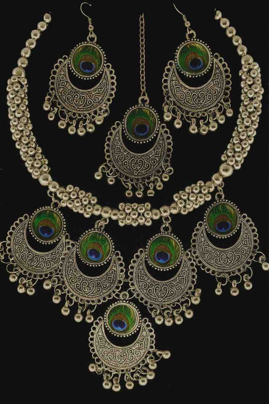 Peacock Feather Bohemian Choker Necklace & Earrings Set – Antique Silver Finish