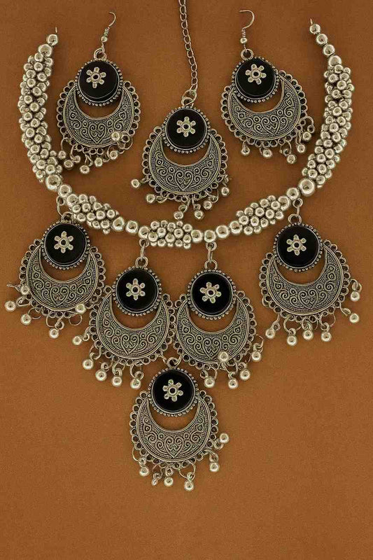 Oxidized Silver Choker Necklace Set with Black Floral Charm & Earrings – Ethnic Jewelry for Women
