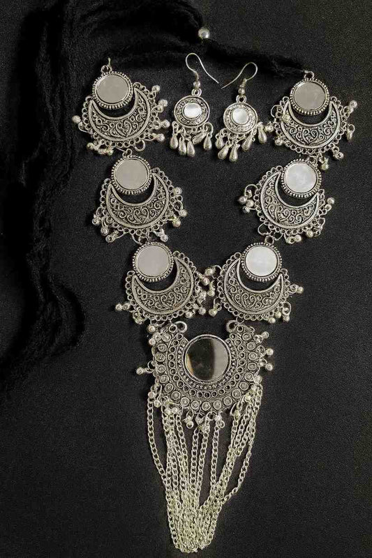 Vintage Oxidized Silver Mirror Choker Necklace Set with Earrings & Maang Tikka