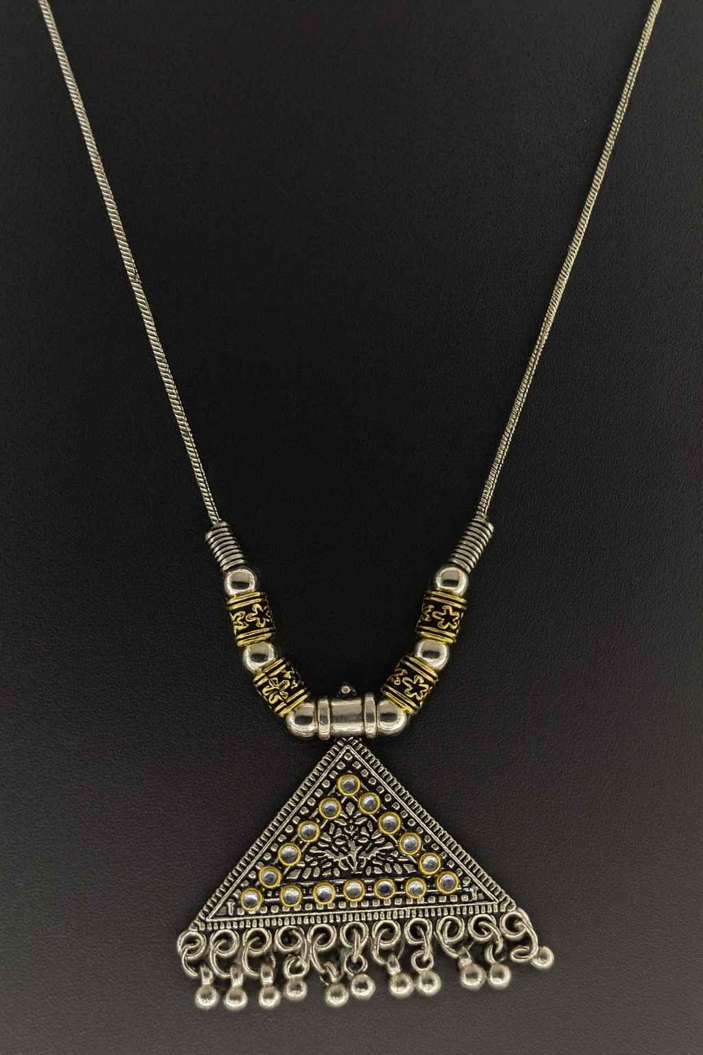 Antique silver-tone tribal triangle pendant necklace with golden accents and bead danglers – boho ethnic jewelry for women