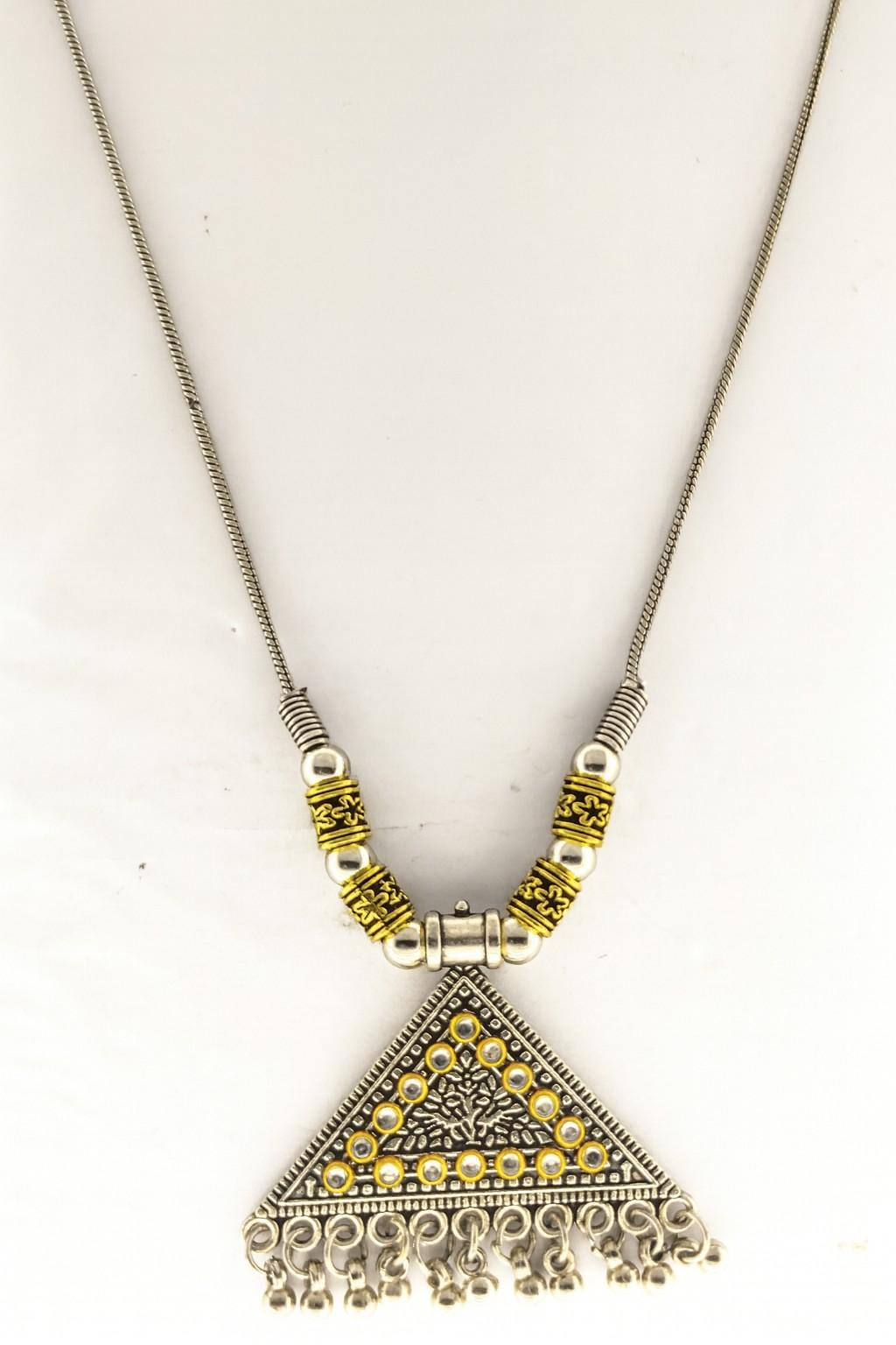 Antique Silver-Tone Tribal Triangle Pendant Necklace with Golden Accents – Boho Jewelry for Women