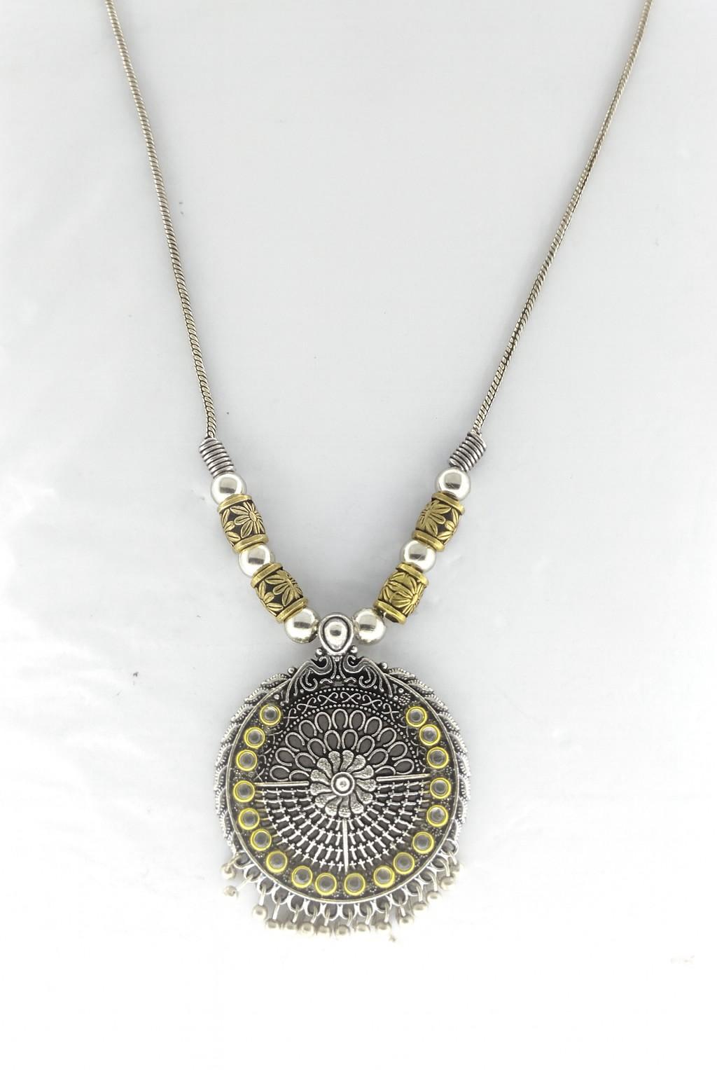 Ethnic Oxidized Silver & Gold-Tone Round Pendant Necklace – Boho Tribal Jewelry for Women