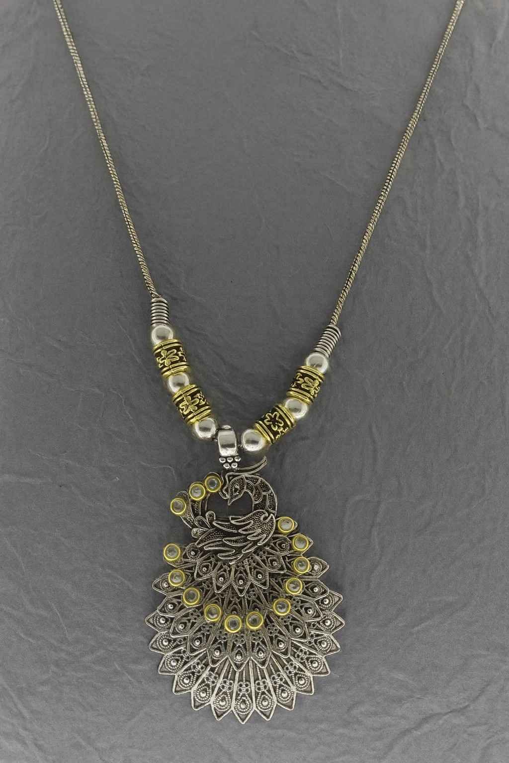 Antique peacock pendant necklace in oxidized silver with golden finish beads – ethnic jewelry for women