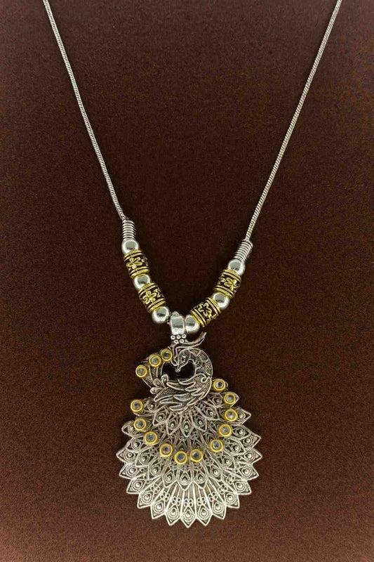 Antique Peacock Pendant Necklace – Oxidized Silver with Golden Finish Accents