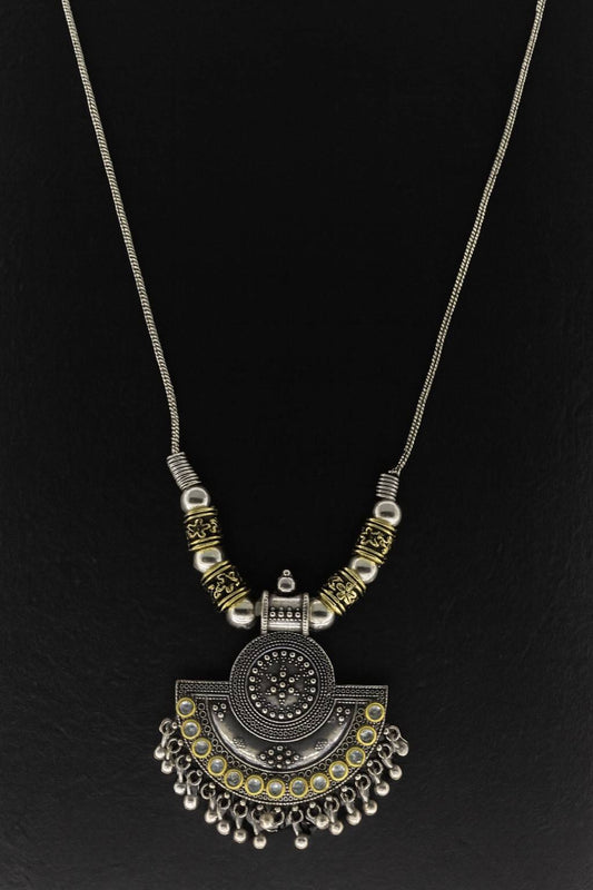 Antique Oxidized German Silver Necklace with Golden Finish Beads & Half-Moon Pendant