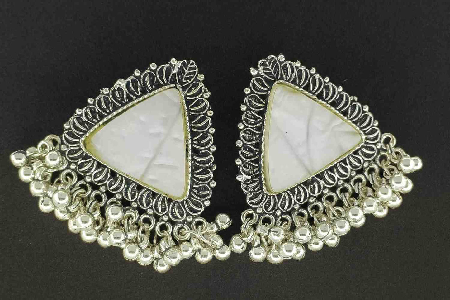 Triangle White Stone Oxidized Earrings with Hanging Beads – Ethnic Boho Jewelry
