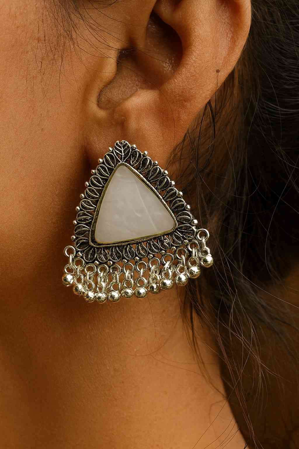 Triangle White Stone Oxidized Earrings with Hanging Beads – Ethnic Boho Jewelry