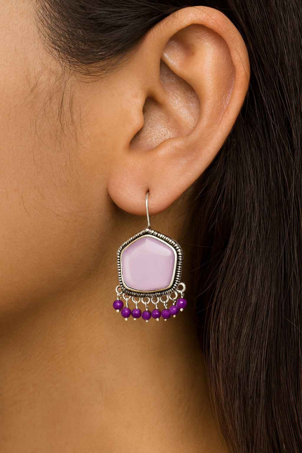 "Pentagon-shaped lavender oxidized earrings for women"