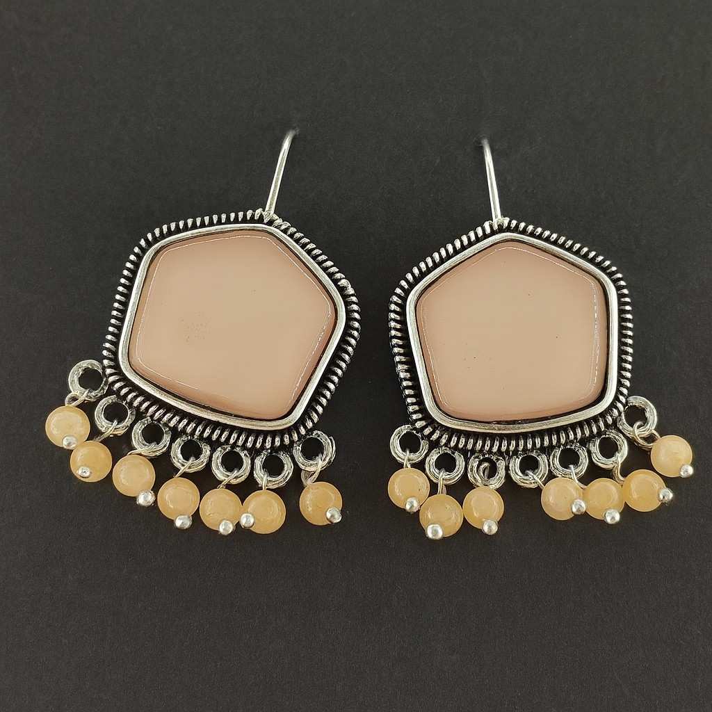 Beige Pentagon Stone Earrings with Beaded Danglers – Oxidized Finish