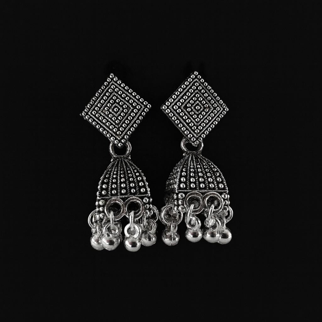 Antique silver oxidized square stud jhumka earrings front view