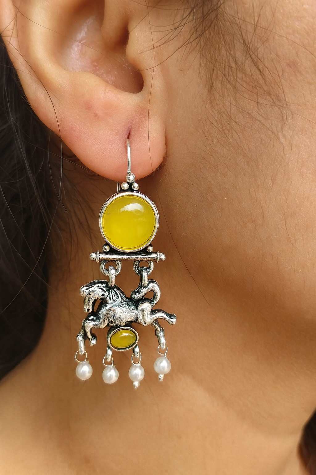 Yellow Stone Horse Charm Dangle Earrings with Pearls – Model Wearing