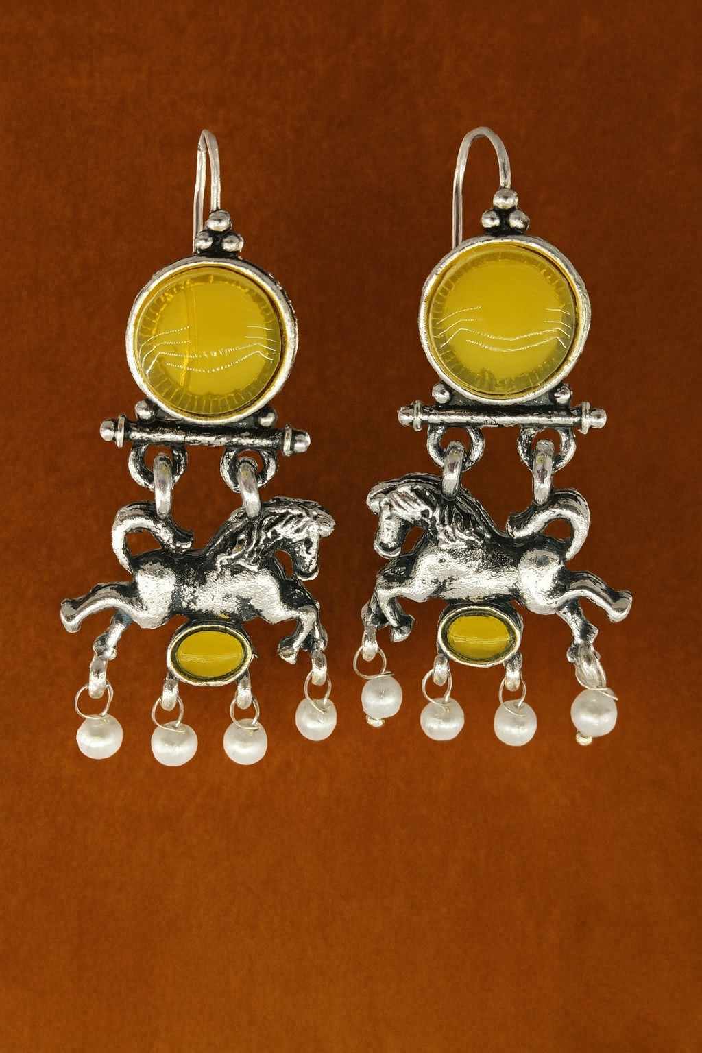 Yellow Stone Horse Charm Dangle Earrings with Pearls – Product Front View