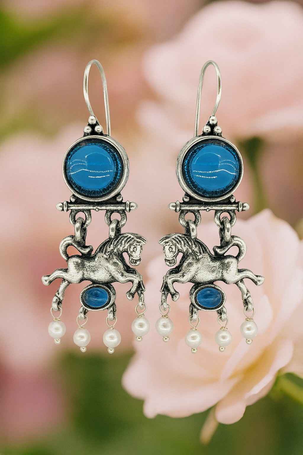 Blue Stone Horse Design Silver-Tone Earrings with Pearls – Front View