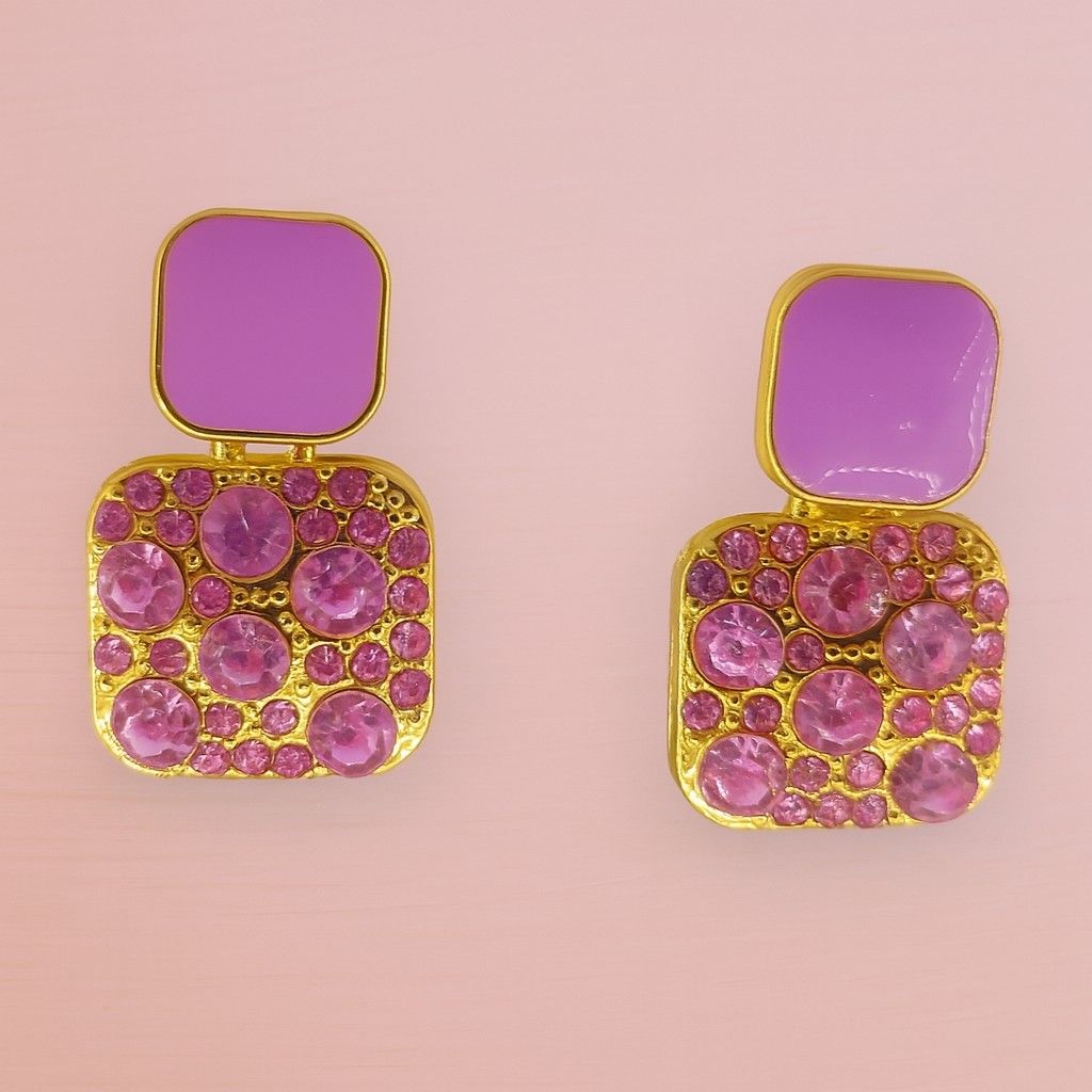 Gold-tone lilac and pink crystal square drop earrings close-up