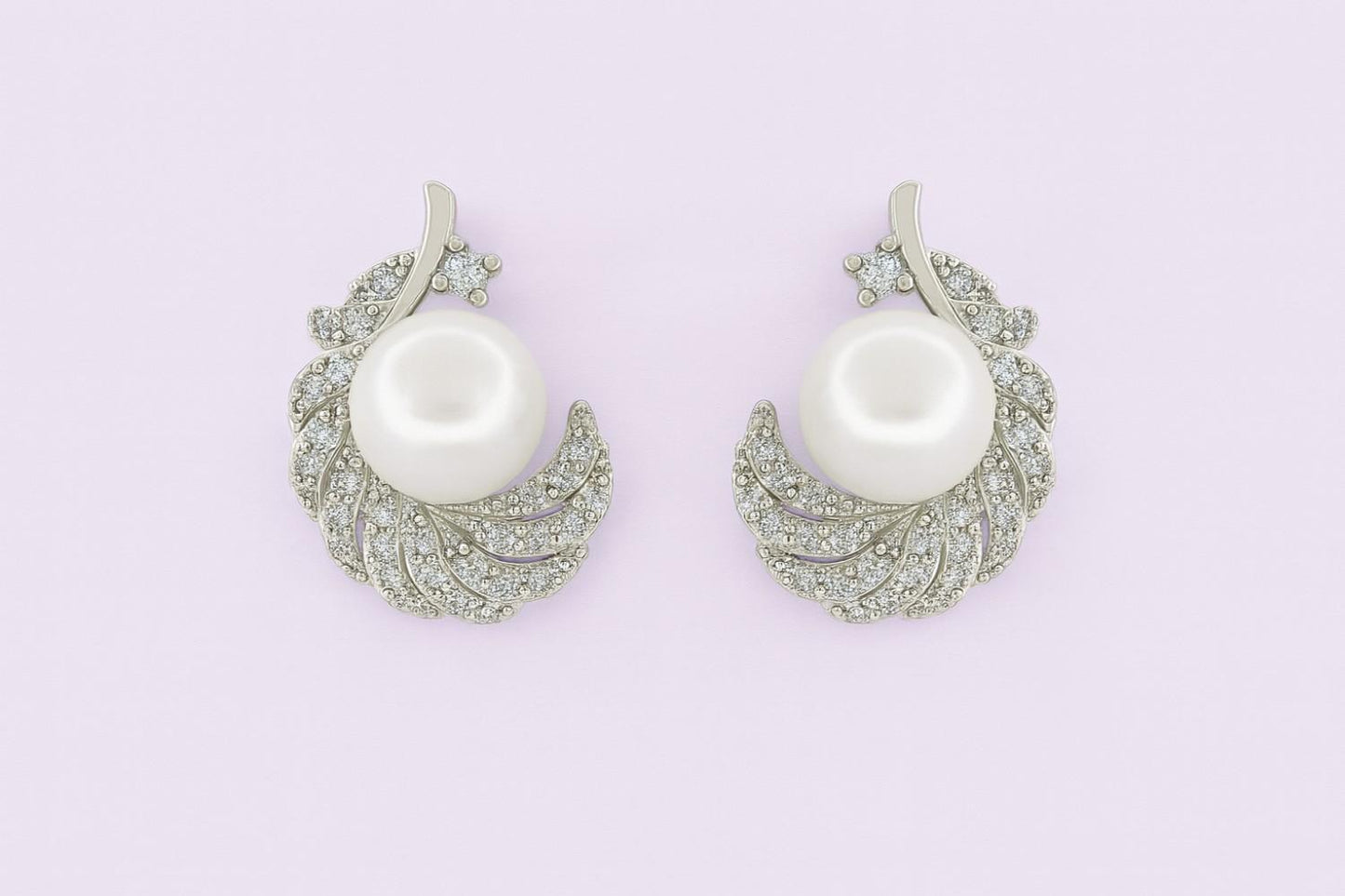 "Silver-tone feather pearl stud earrings with crystals"
