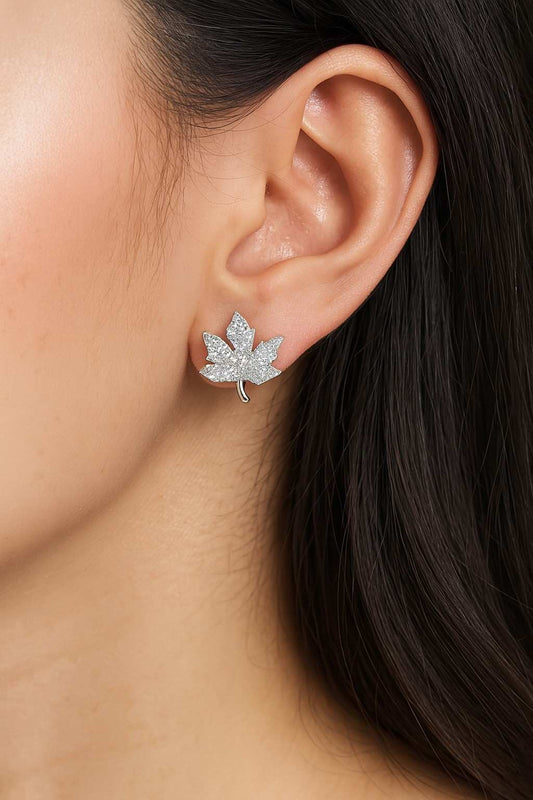 Elegant Silver-Tone Maple Leaf Crystal Stud Earrings – Nature Inspired Jewelry