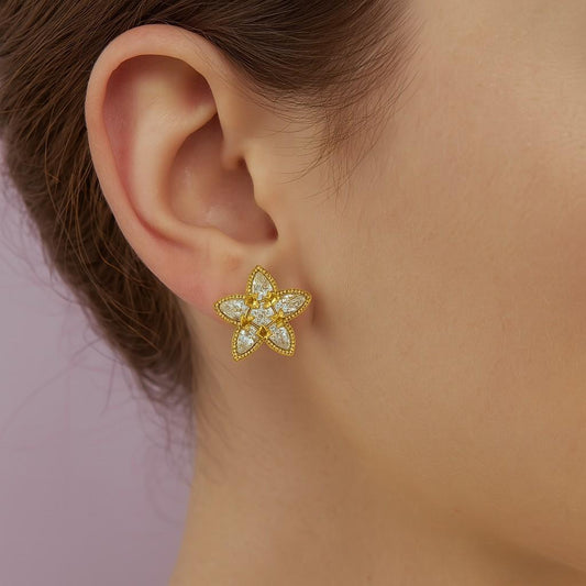 Elegant golden flower stud earrings worn on ear – side view