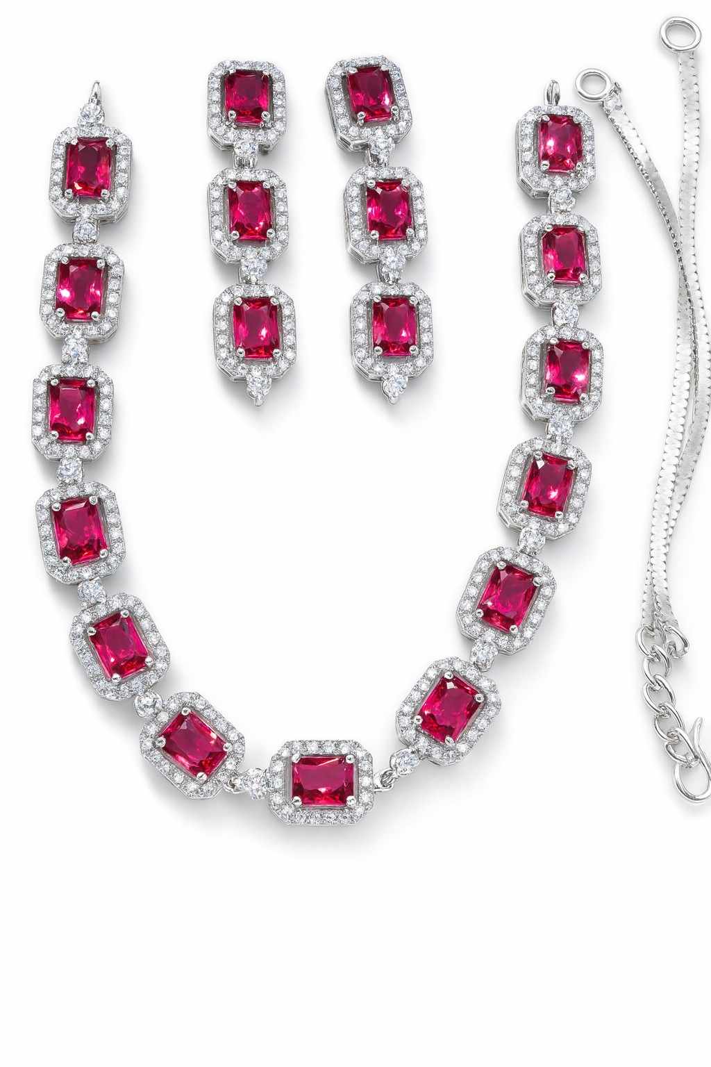 Red American Diamond necklace set with earrings in silver-tone finish on white background