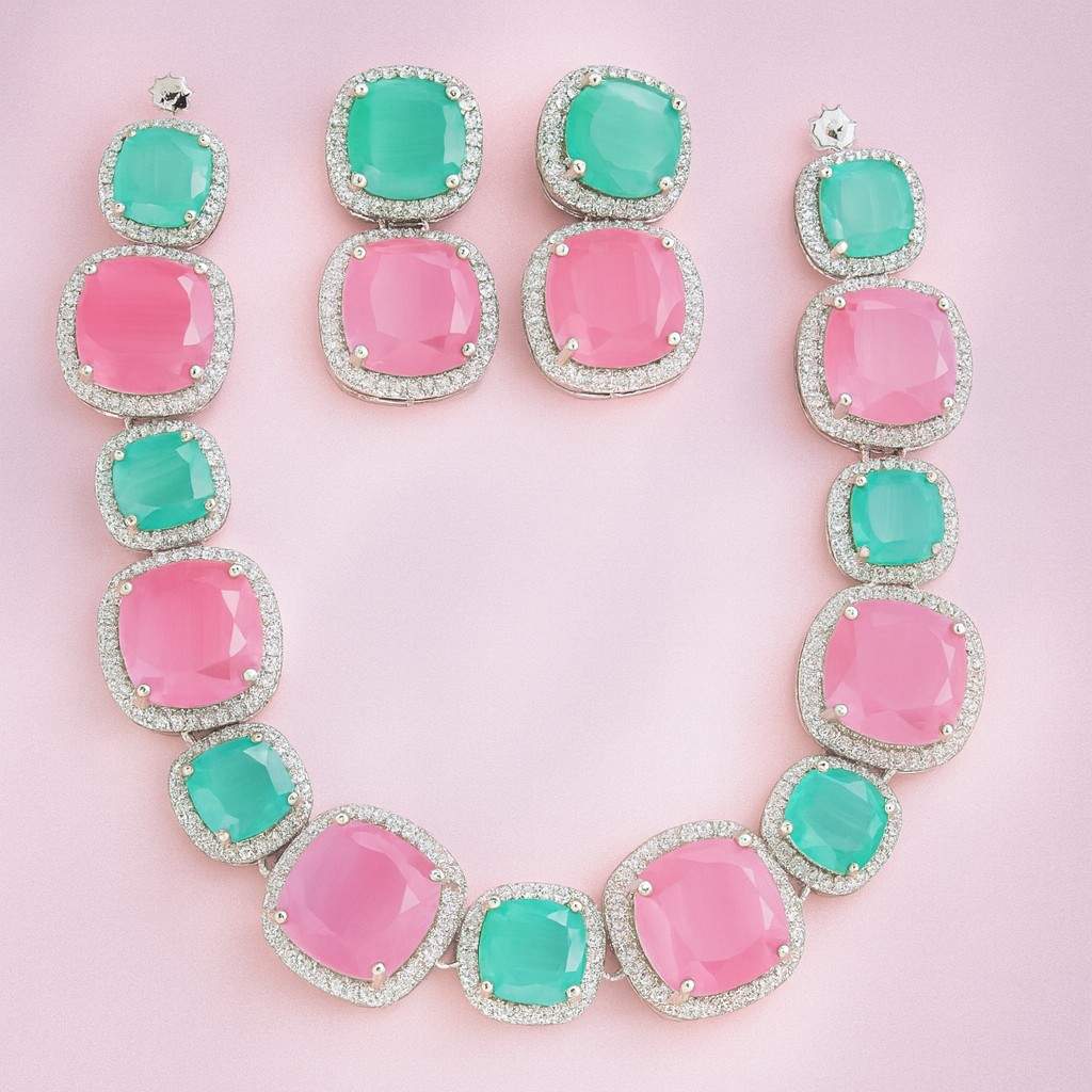 Pink & green stone necklace set with American Diamond accents – front view