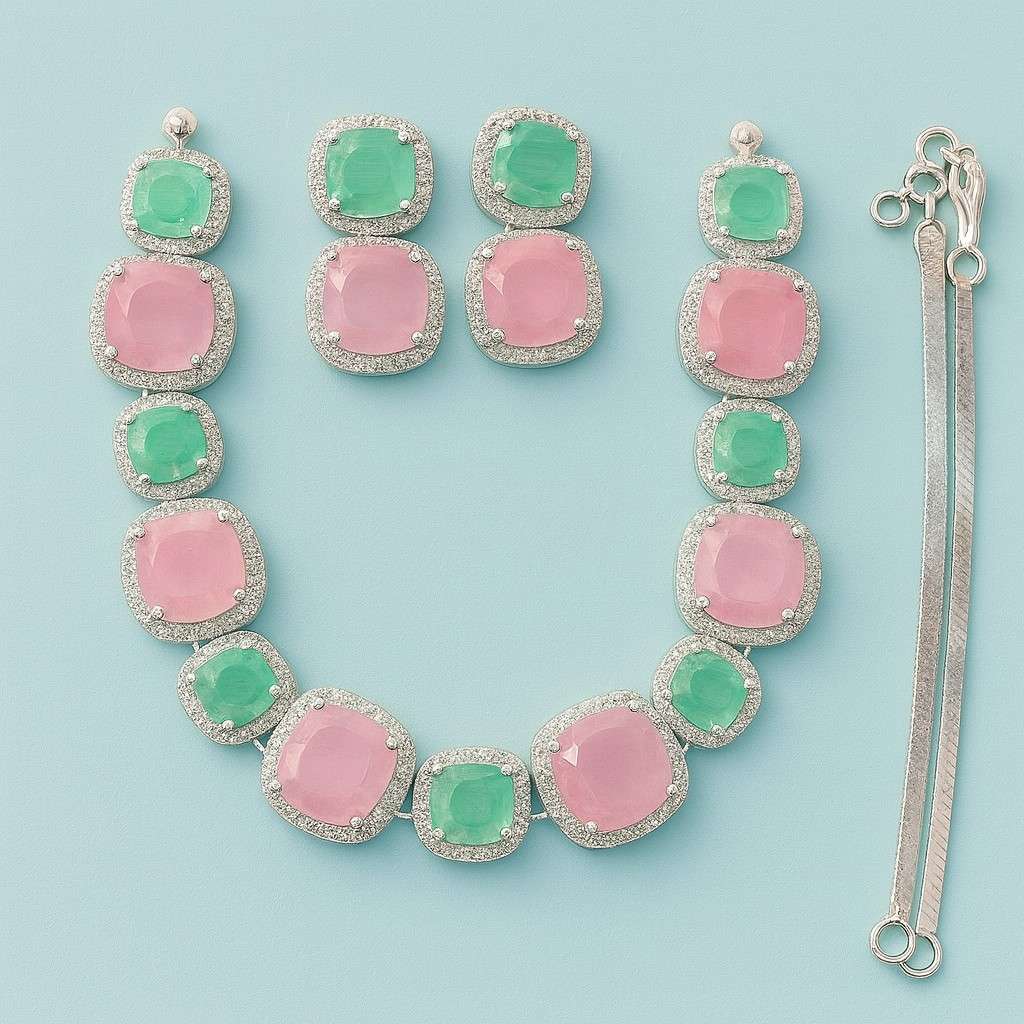 Elegant bridal necklace set with pink & green stones – earrings and necklace display