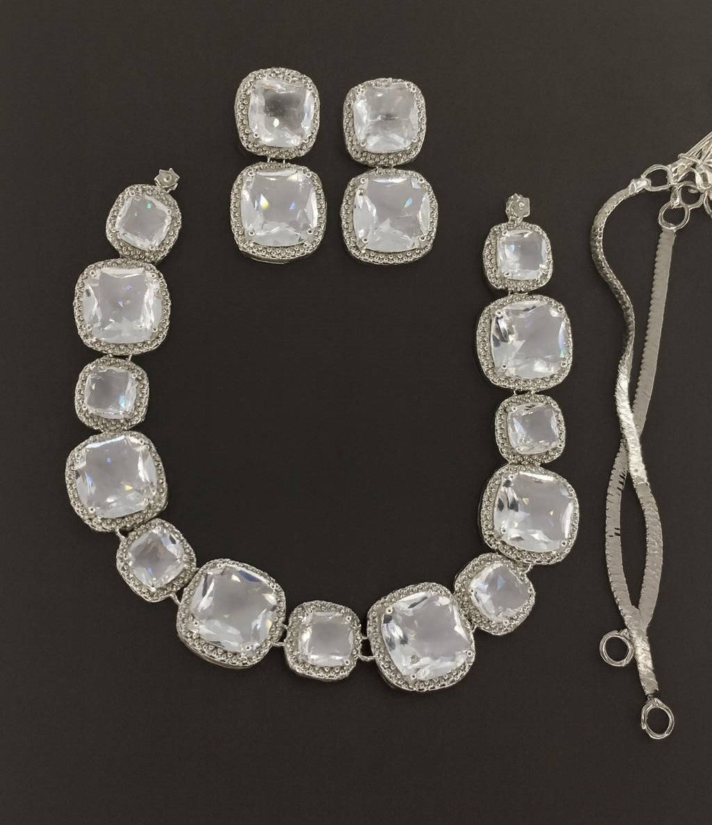 Elegant White AD Stone Bridal Necklace Set – Cushion Cut Design