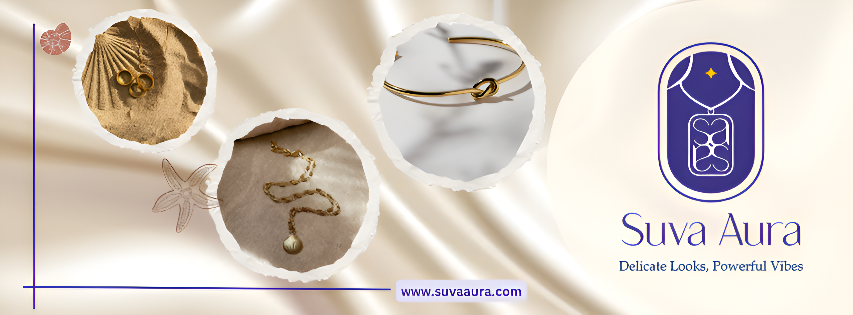 "Suva Aura jewelry banner featuring elegant gold rings, a minimal knot bracelet, and a gold pendant necklace on a satin background with brand logo and tagline 'Delicate Looks, Powerful Vibes'."